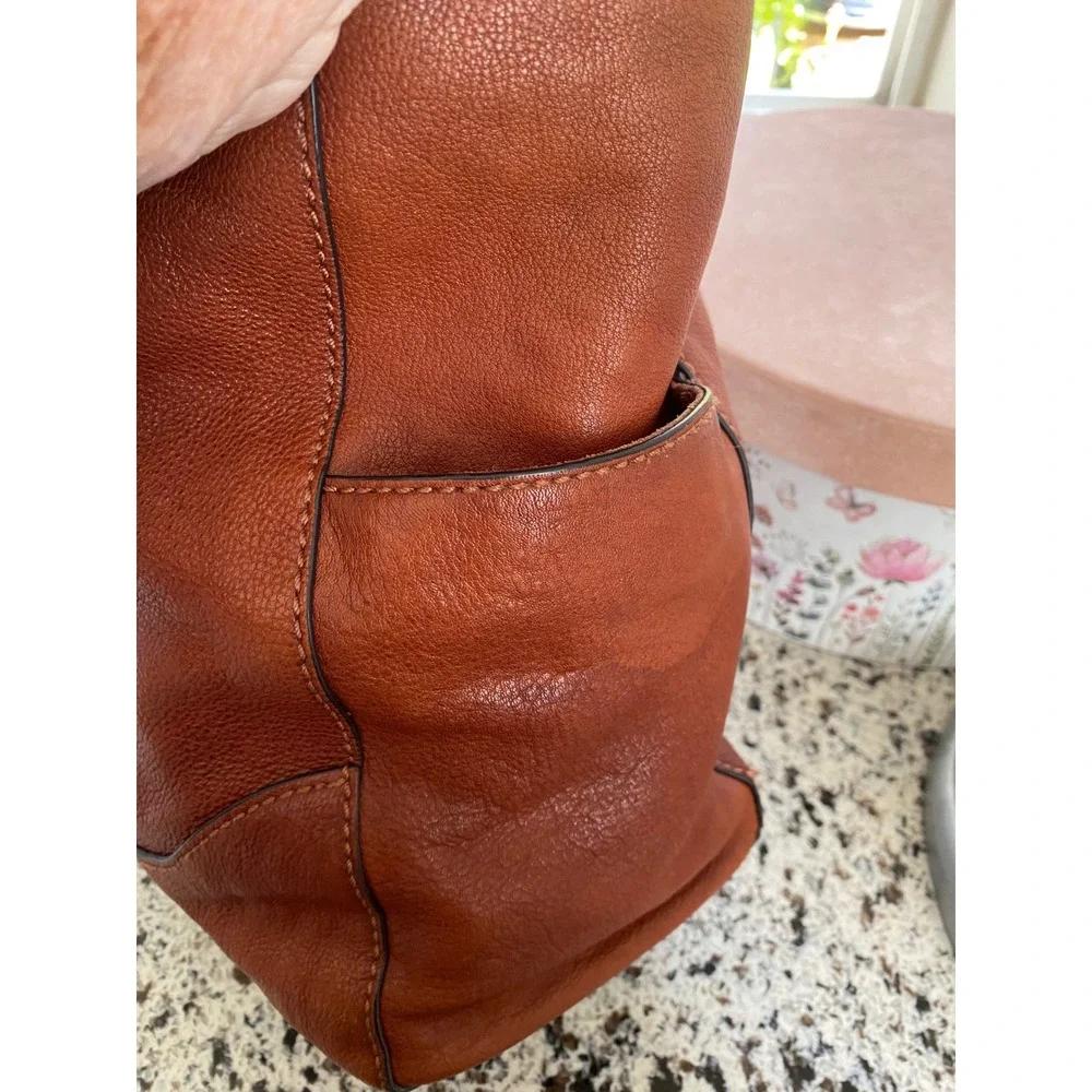 Frye  Lucy Side Pocket Leather Tote Bag Women OS Cognac Brown Pebbled Zip Top